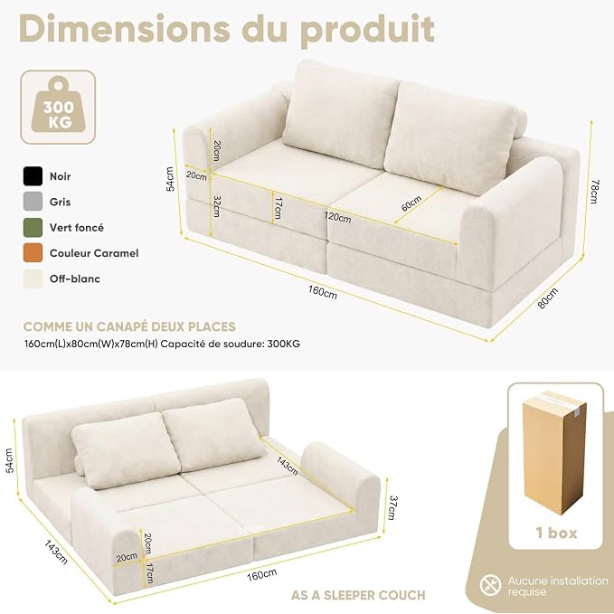 VASAGLE Canapé-lit Convertible 2 Places - Fauteuil Multifonctionnel, Flanelle Beige