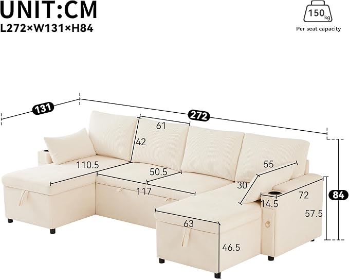 VASAGLE Canapé d'Angle Convertible en U 4 Places - Rangement, Chenille & Velours Beige