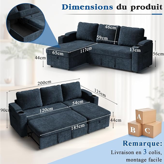 VASAGLE Canapé d'Angle Convertible 3 Places - Rangement Sous Assise, Réversible, Bleu Marine