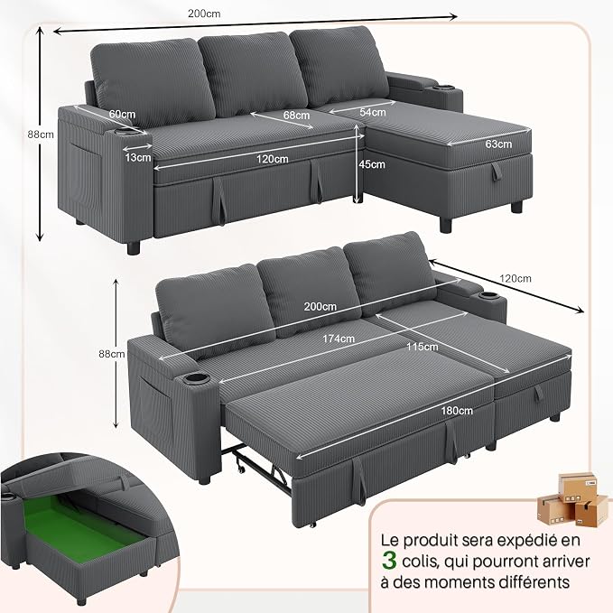 VASAGLE Canapé d'Angle Convertible 3 Places - Rangement Intégré, Réversible, Velours Gris