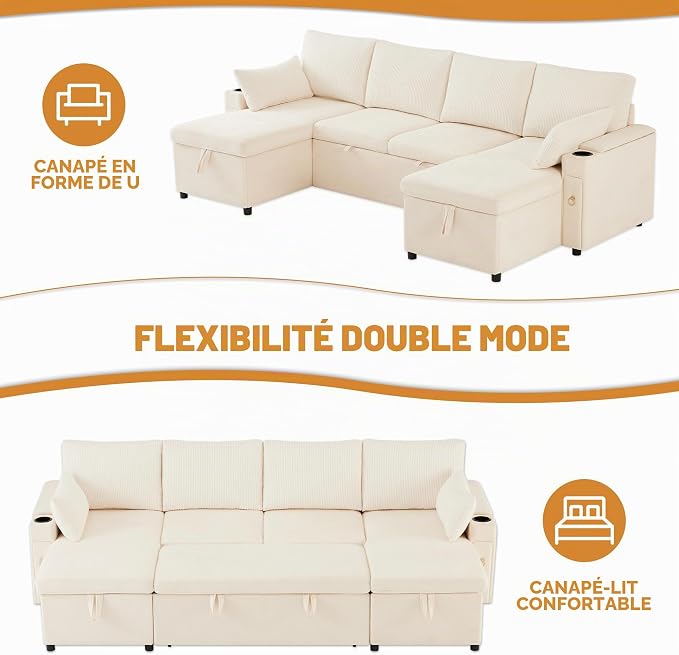 VASAGLE Canapé d'Angle Convertible en U 4 Places - Rangement, Chenille & Velours Beige