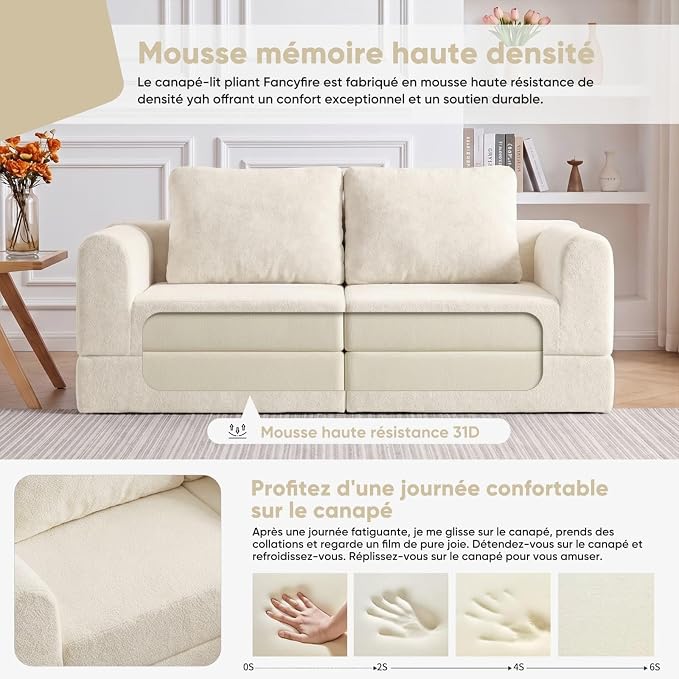 VASAGLE Canapé-lit Convertible 2 Places - Fauteuil Multifonctionnel, Flanelle Beige