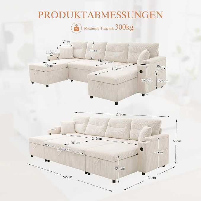 VASAGLE Canapé Convertible en U 2-4 Places - Lit Gigogne, Rangement, Ports USB, Velours Côtelé Beige