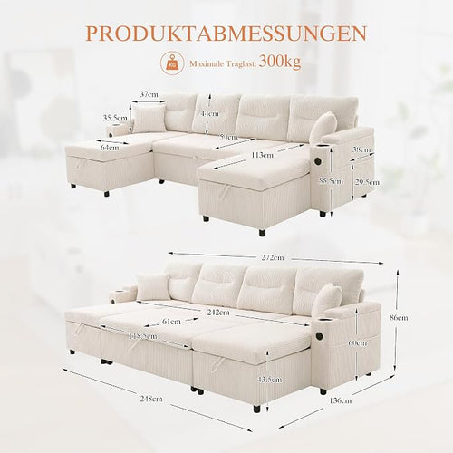 VASAGLE Canapé Convertible en U 2-4 Places - Lit Gigogne, Rangement, Ports USB, Velours Côtelé Beige