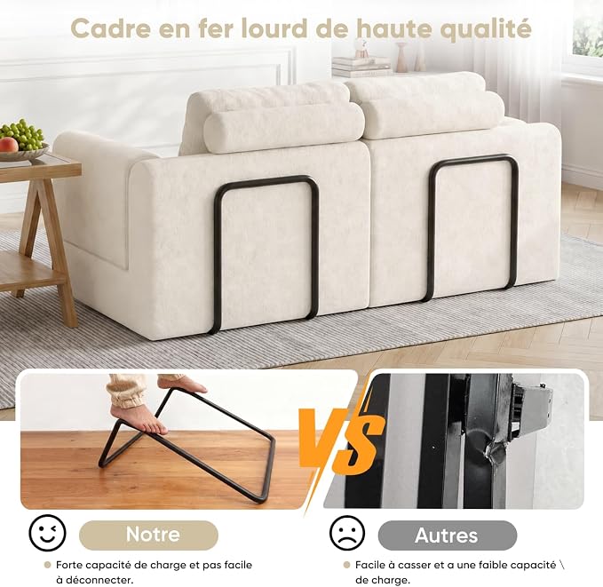 VASAGLE Canapé-lit Convertible 2 Places - Fauteuil Multifonctionnel, Flanelle Beige