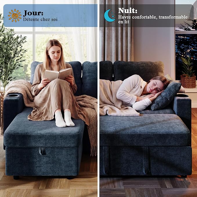 VASAGLE Canapé d'Angle Convertible 3 Places - Rangement Sous Assise, Réversible, Bleu Marine