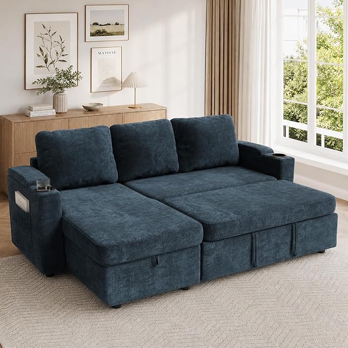 VASAGLE Canapé d'Angle Convertible 3 Places - Rangement Sous Assise, Réversible, Bleu Marine