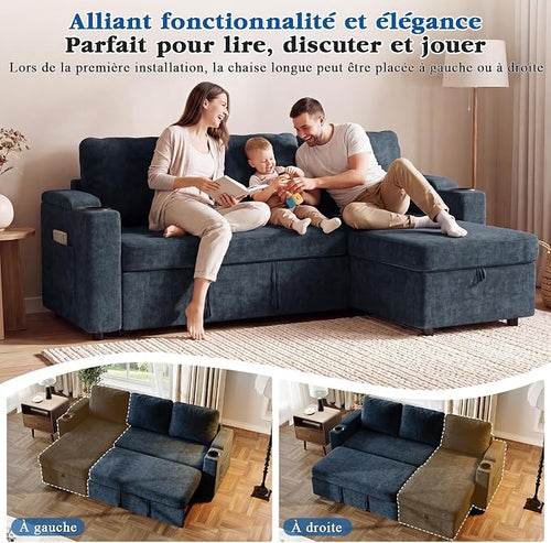VASAGLE Canapé d'Angle Convertible 3 Places - Rangement Sous Assise, Réversible, Bleu Marine