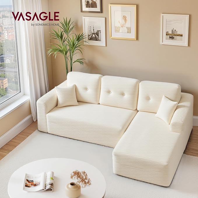 VASAGLE Canapé d'Angle 244cm - Méridienne Droite, Velours Côtelé Crème