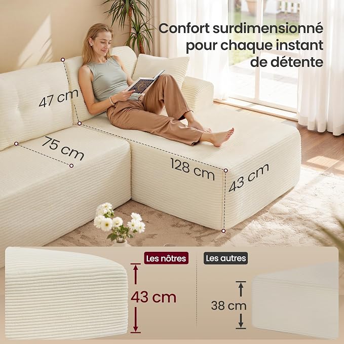 VASAGLE Canapé d'Angle 244cm - Méridienne Droite, Velours Côtelé Crème