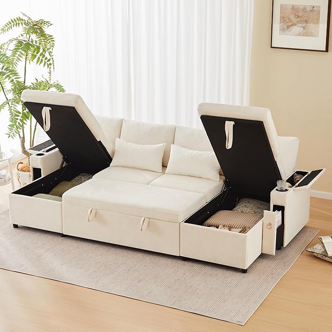 VASAGLE Canapé d'Angle Convertible en U 4 Places - Rangement, Chenille & Velours Beige