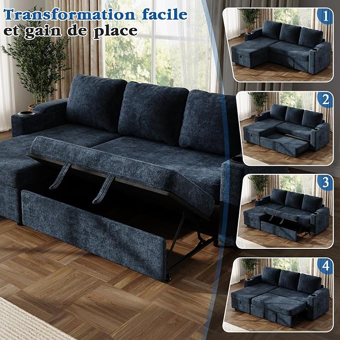 VASAGLE Canapé d'Angle Convertible 3 Places - Rangement Sous Assise, Réversible, Bleu Marine