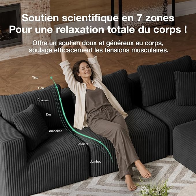 VASAGLE Canapé d'Angle Modulable 4 Places - Ressorts Smart Coil, Velours Noir Profond