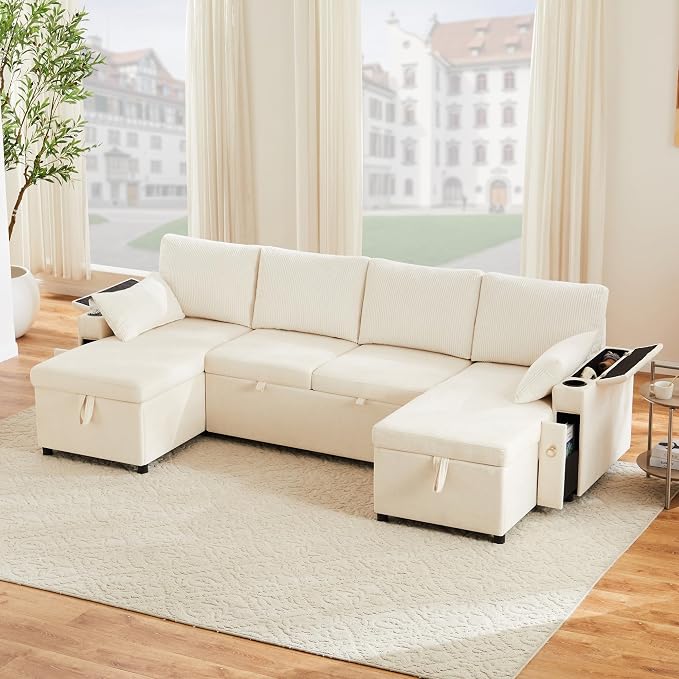VASAGLE Canapé d'Angle Convertible en U 4 Places - Rangement, Chenille & Velours Beige