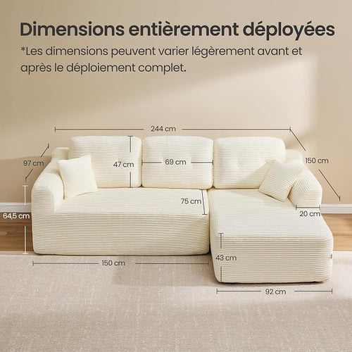 VASAGLE Canapé d'Angle 244cm - Méridienne Droite, Velours Côtelé Crème