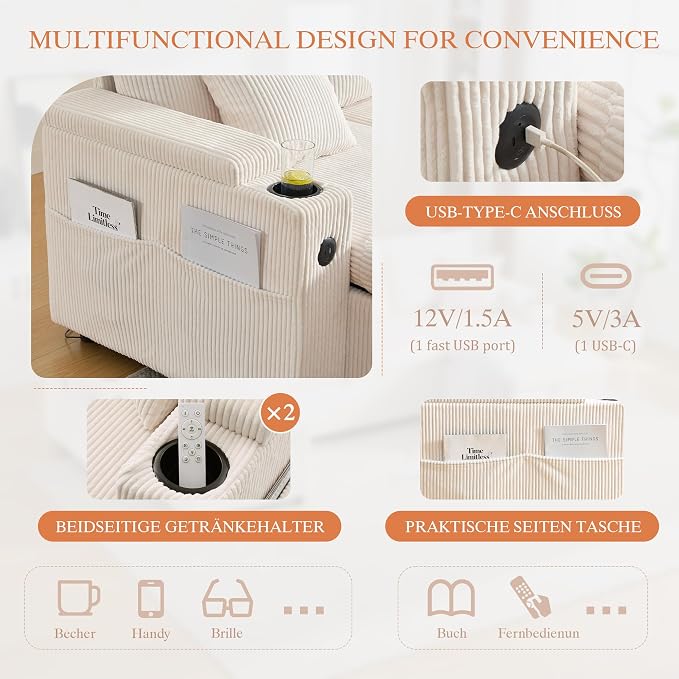 VASAGLE Canapé Convertible en U 2-4 Places - Lit Gigogne, Rangement, Ports USB, Velours Côtelé Beige