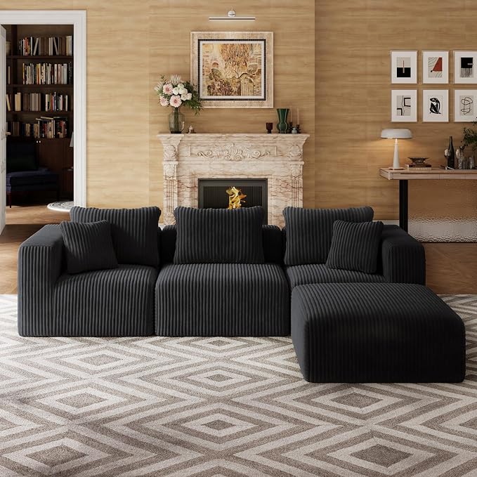 VASAGLE Canapé d'Angle Modulable 4 Places - Ressorts Smart Coil, Velours Noir Profond