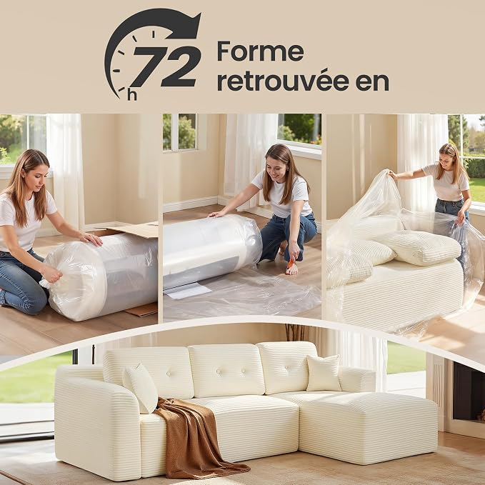 VASAGLE Canapé d'Angle 244cm - Méridienne Droite, Velours Côtelé Crème