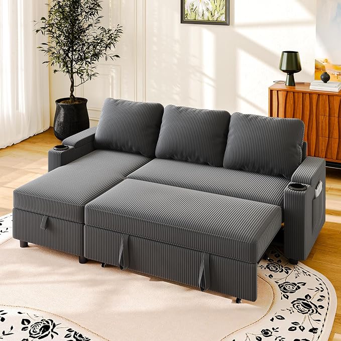 VASAGLE Canapé d'Angle Convertible 3 Places - Rangement Intégré, Réversible, Velours Gris
