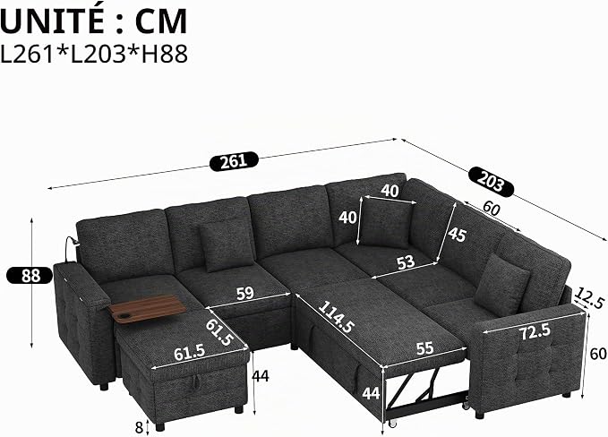 VASAGLE Canapé d'Angle Convertible 6 Places - LED, USB, Rangement, Chenille Gris