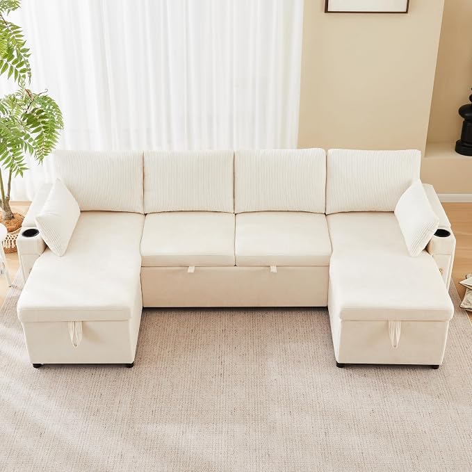VASAGLE Canapé d'Angle Convertible en U 4 Places - Rangement, Chenille & Velours Beige
