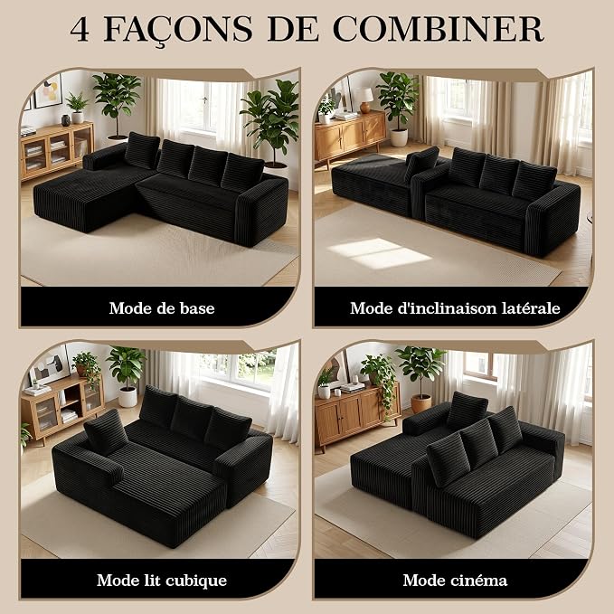 VASAGLE Canapé d'Angle en L 4 Places - Méridienne Gauche, Velours Côtelé Noir