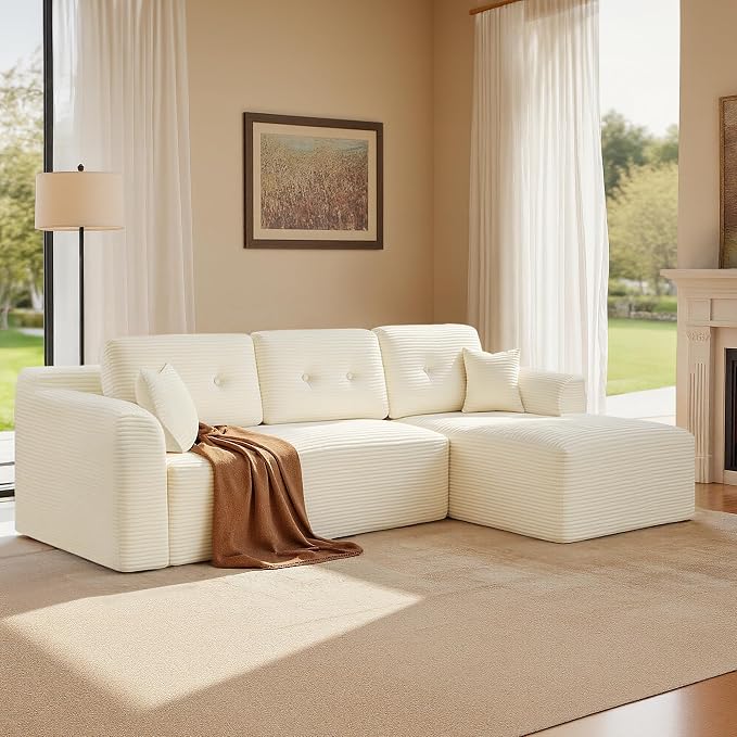 VASAGLE Canapé d'Angle 244cm - Méridienne Droite, Velours Côtelé Crème