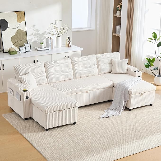 VASAGLE Canapé Convertible en U 2-4 Places - Lit Gigogne, Rangement, Ports USB, Velours Côtelé Beige