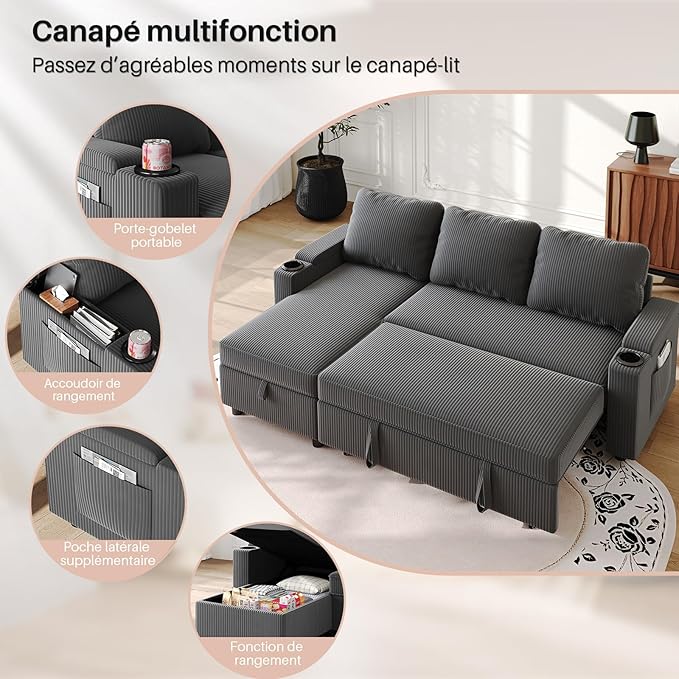 VASAGLE Canapé d'Angle Convertible 3 Places - Rangement Intégré, Réversible, Velours Gris