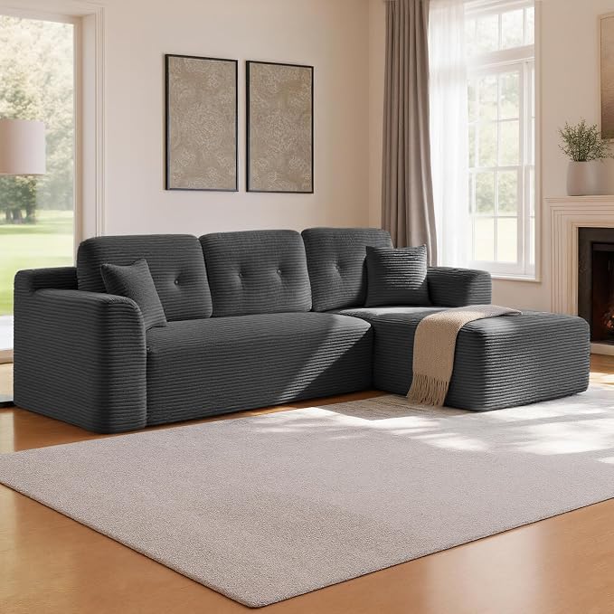 VASAGLE Canapé d'Angle 244cm - Méridienne Droite, Velours Côtelé Crème