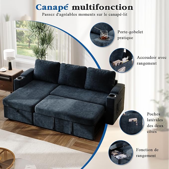 VASAGLE Canapé d'Angle Convertible 3 Places - Rangement Sous Assise, Réversible, Bleu Marine