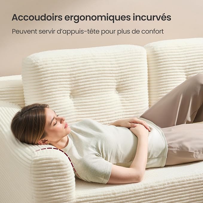 VASAGLE Canapé d'Angle 244cm - Méridienne Droite, Velours Côtelé Crème