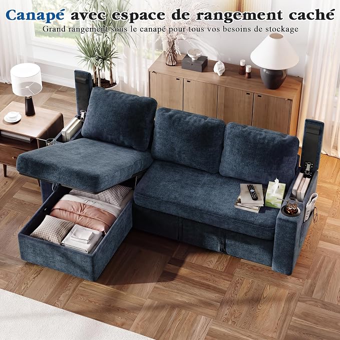 VASAGLE Canapé d'Angle Convertible 3 Places - Rangement Sous Assise, Réversible, Bleu Marine