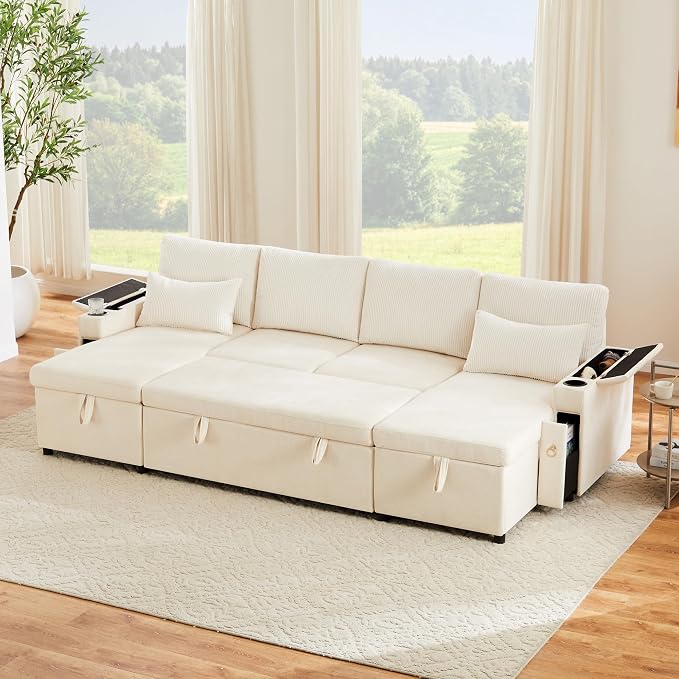 VASAGLE Canapé d'Angle Convertible en U 4 Places - Rangement, Chenille & Velours Beige