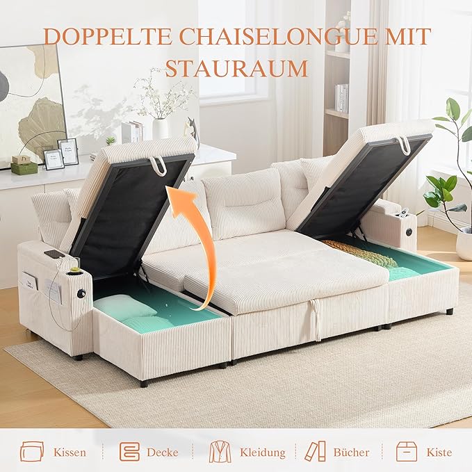 VASAGLE Canapé Convertible en U 2-4 Places - Lit Gigogne, Rangement, Ports USB, Velours Côtelé Beige