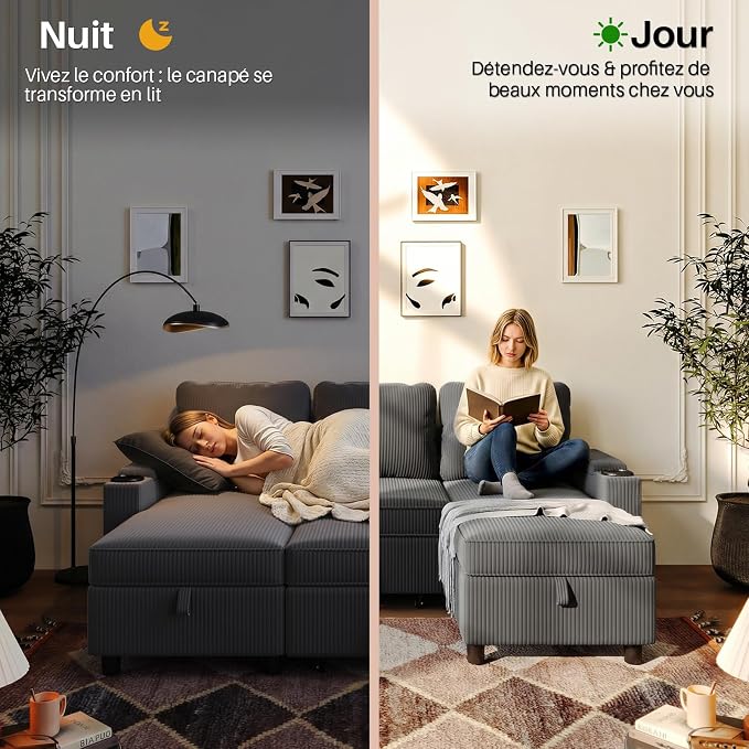 VASAGLE Canapé d'Angle Convertible 3 Places - Rangement Intégré, Réversible, Velours Gris