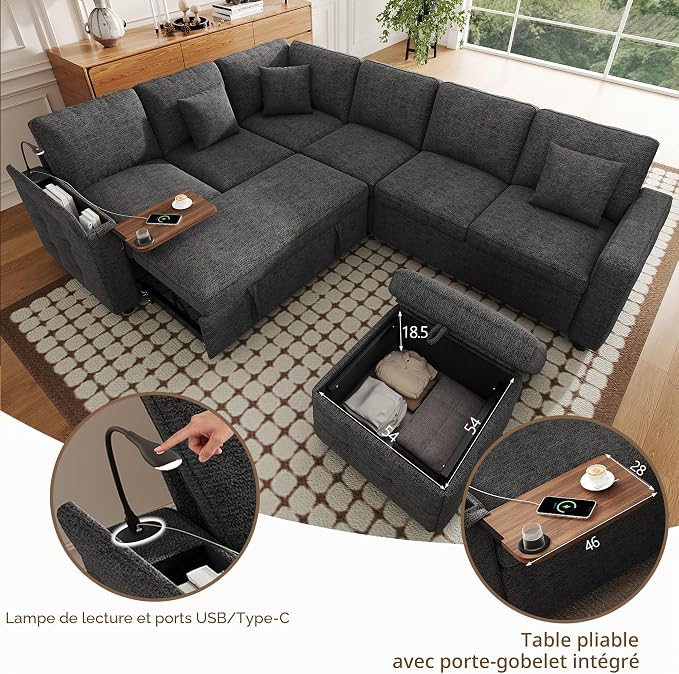 VASAGLE Canapé d'Angle Convertible 6 Places - LED, USB, Rangement, Chenille Gris
