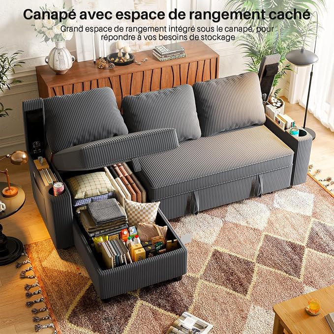 VASAGLE Canapé d'Angle Convertible 3 Places - Rangement Intégré, Réversible, Velours Gris