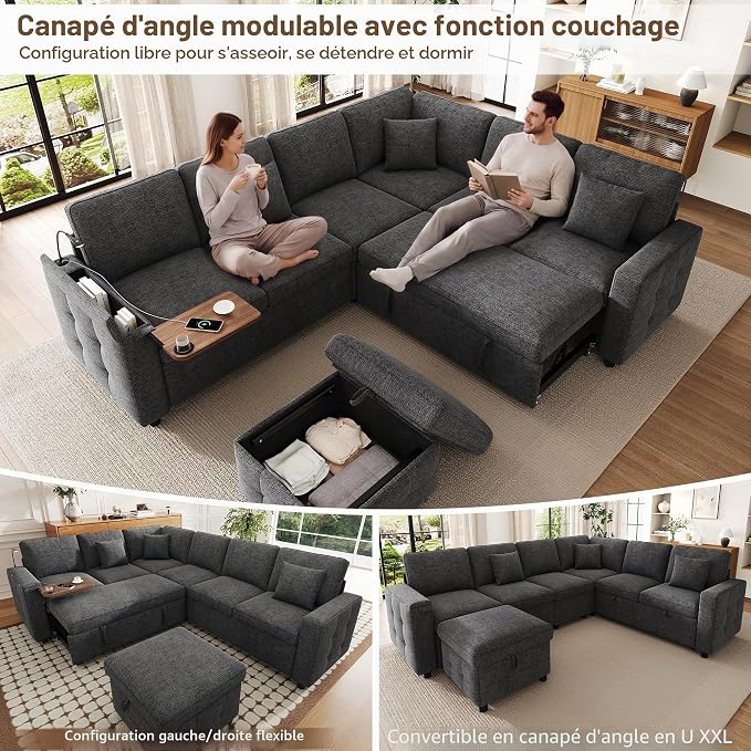 VASAGLE Canapé d'Angle Convertible 6 Places - LED, USB, Rangement, Chenille Gris