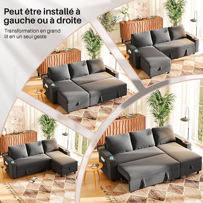 VASAGLE Canapé d'Angle Convertible 3 Places - Rangement Intégré, Réversible, Velours Gris